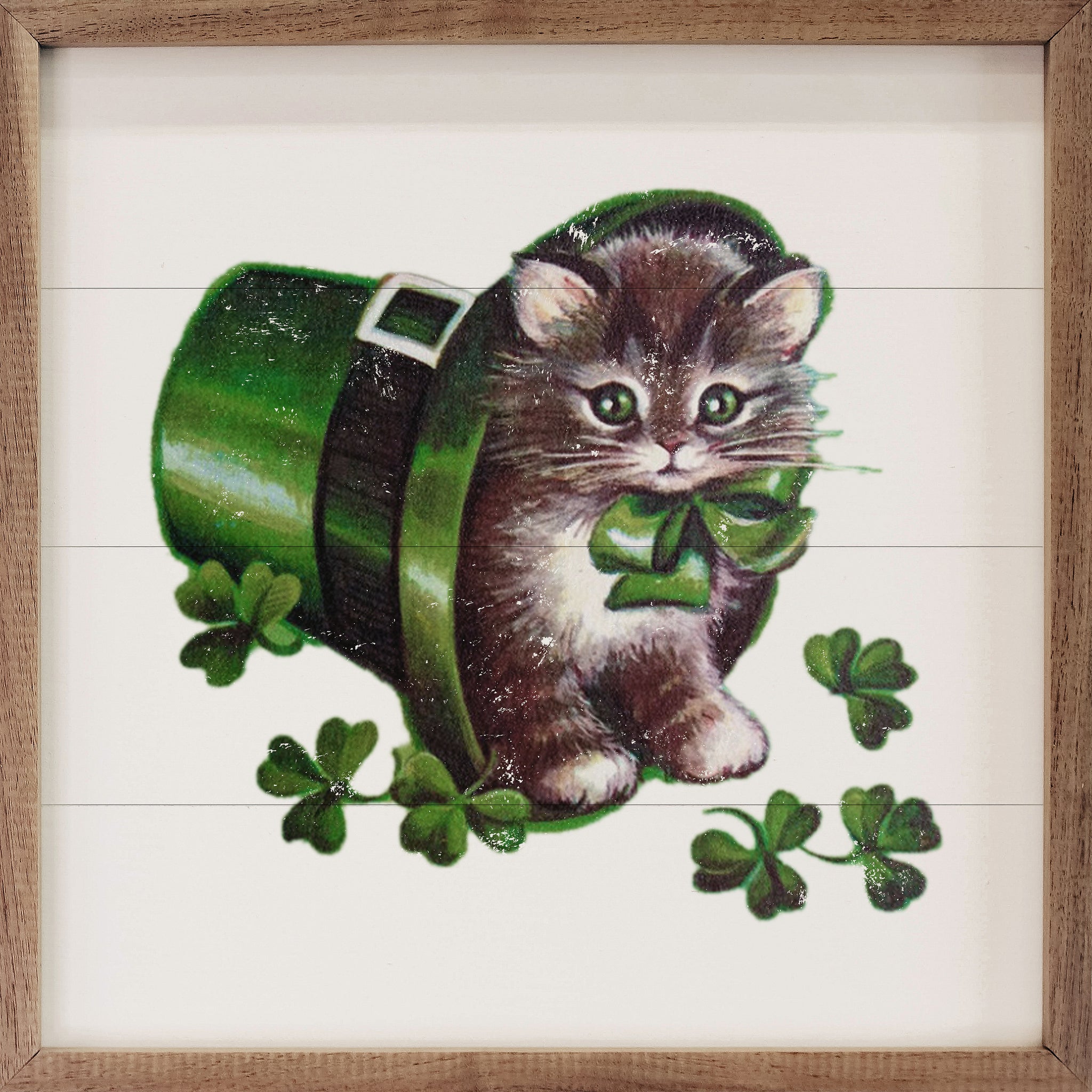 Lucky Charm Cat In Hat White - st patricks day walnut frame